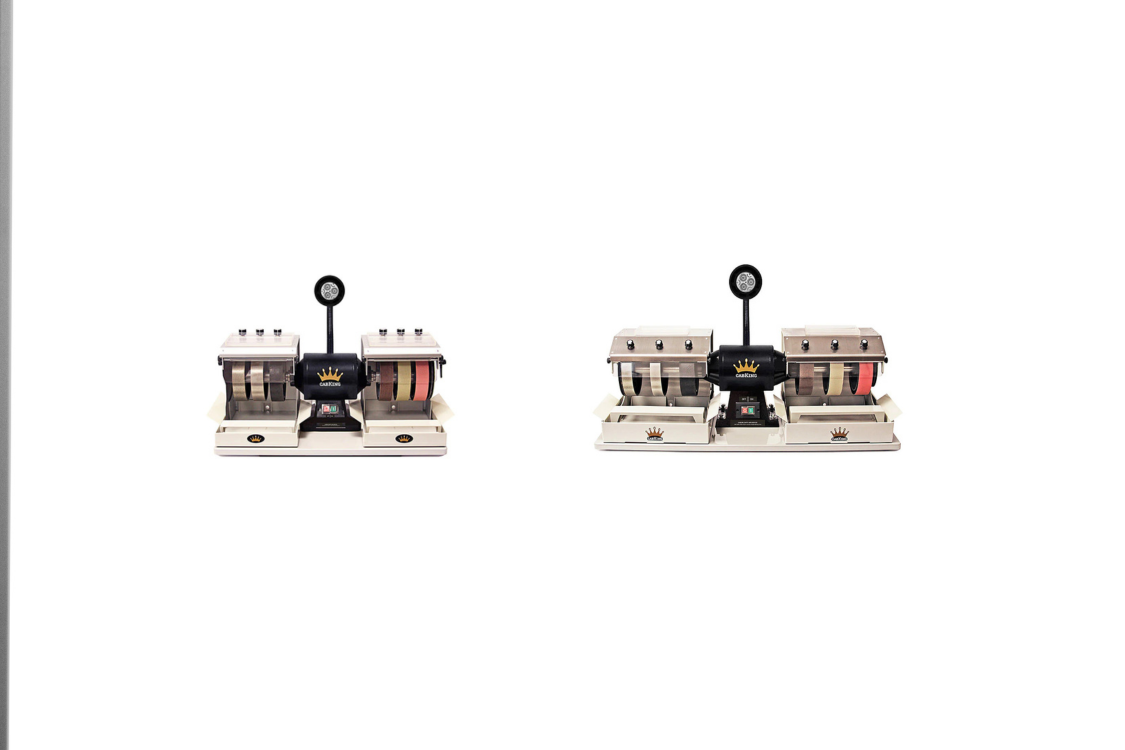 Cabking 6" model side by side with the cabking 8" model front view showing 6 polishing and grinding wheels on a white background