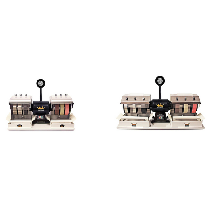 Cabking 6" model side by side with the cabking 8" model front view showing 6 polishing and grinding wheels on a white background