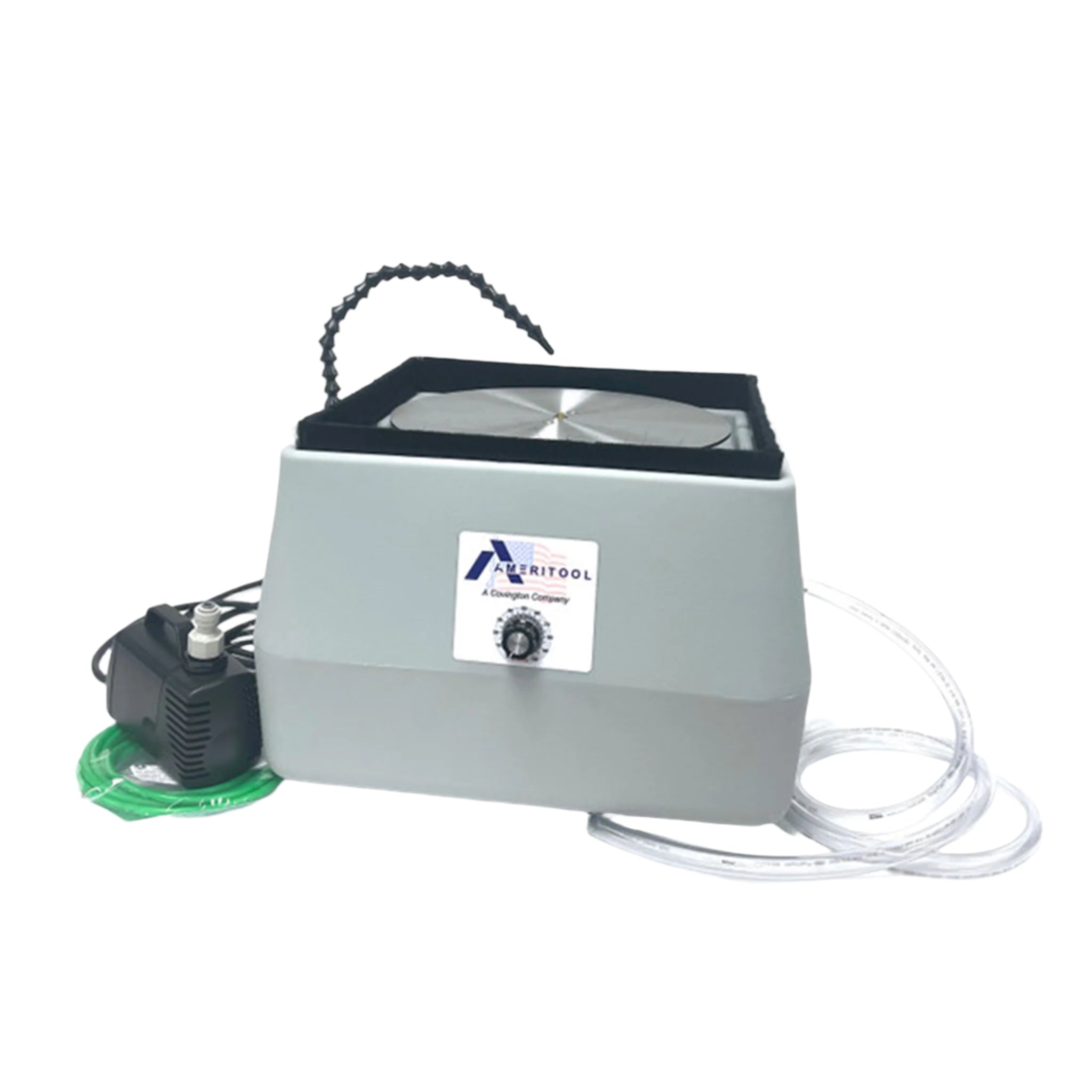 close up up ameritool flat lap with water spray nozzle on top, water tube coming out the bottom of the back and the included submersible water pump for rock polishing and grinding