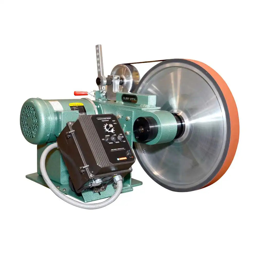 burr king belt grinder showing large 20 inch wheel and control center to left of wheel