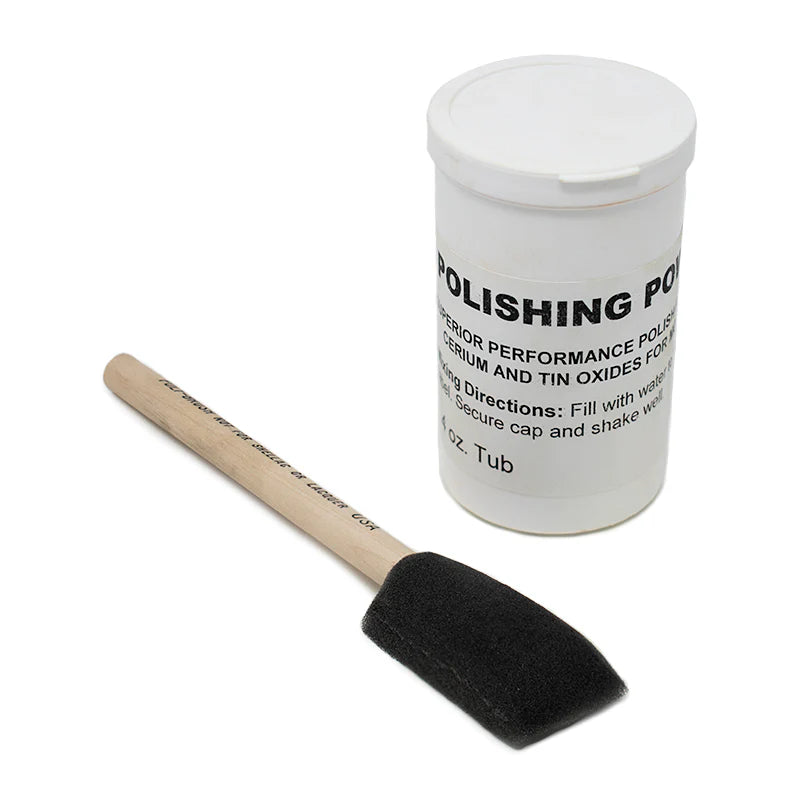 close up of cerium oxide polish white container with brush to apply powder
