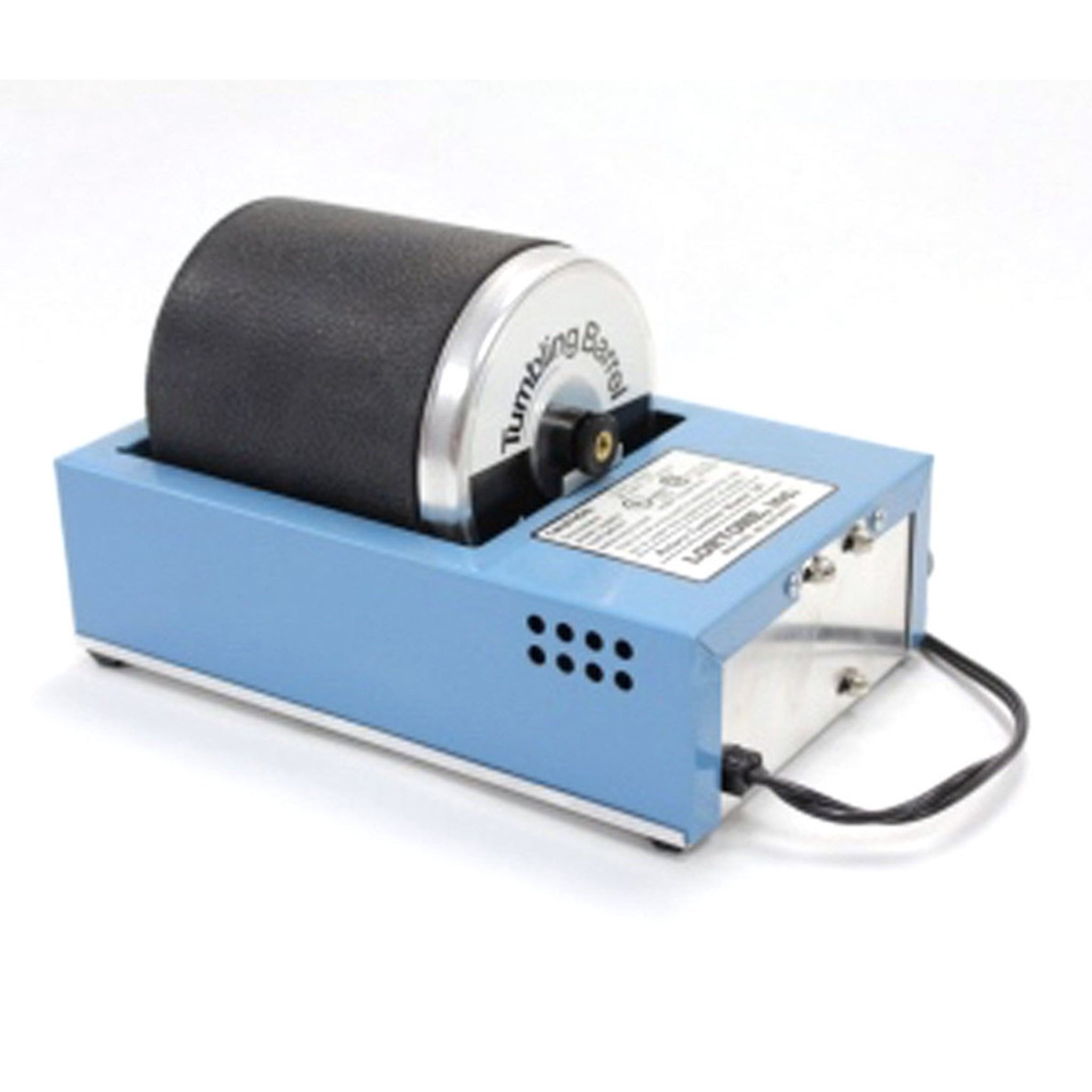 close up of lortone 3A rock tumbler showing metal casing and rubber barrel that rotates inside the blue metal housing
