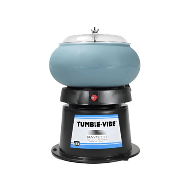 raytech tv10 vibratory tumbler on white background with black base and light blue bowl with clear lid