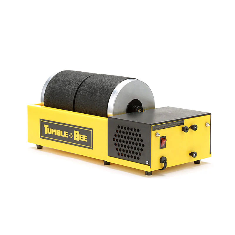 yellow tumble bee tumbler or rock polisher with two black barrels in the middle with a red LED light swtich