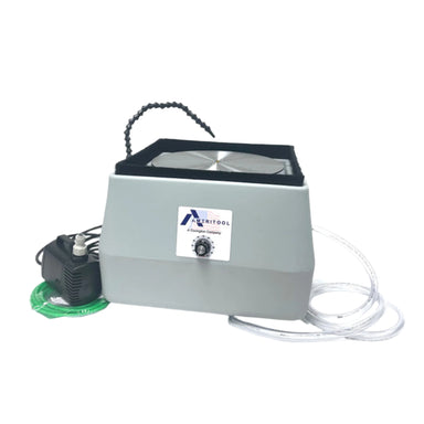 close up up ameritool flat lap with water spray nozzle on top, water tube coming out the bottom of the back and the included submersible water pump for rock polishing and grinding