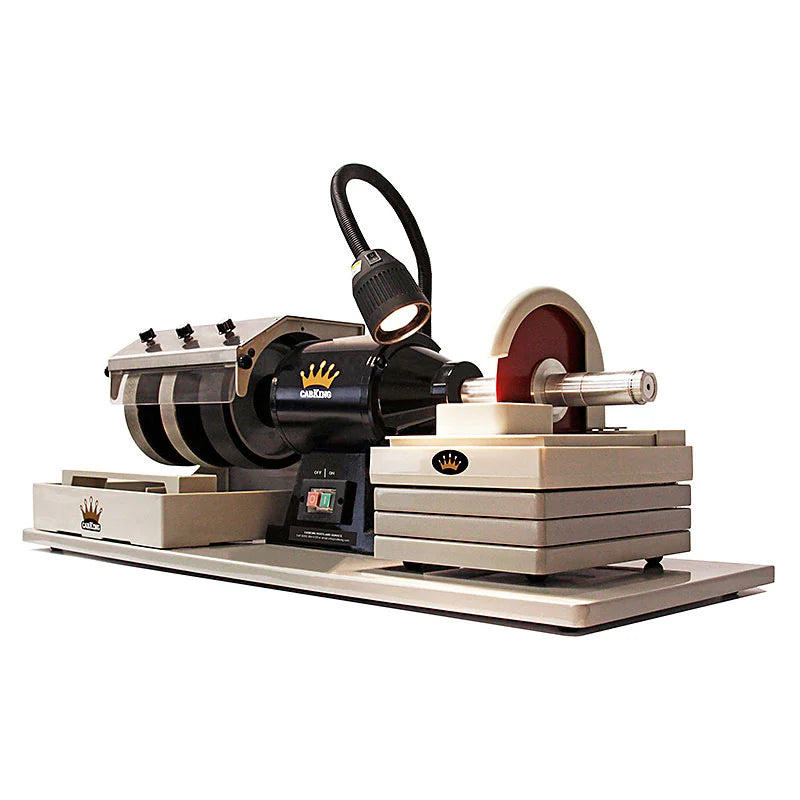 front right side angle view of cab king 8 cabochon machine with trim saw attachment connected to right shaft with LED light facing the trim saw