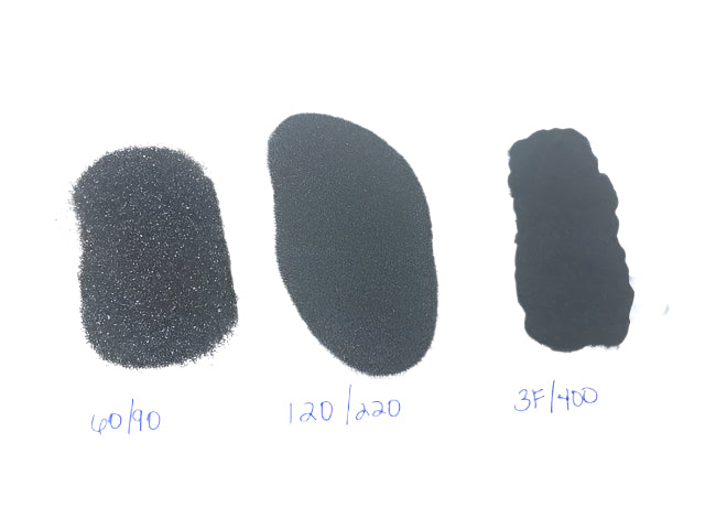 Three different grades of grit for lapping in lapidary on a white background