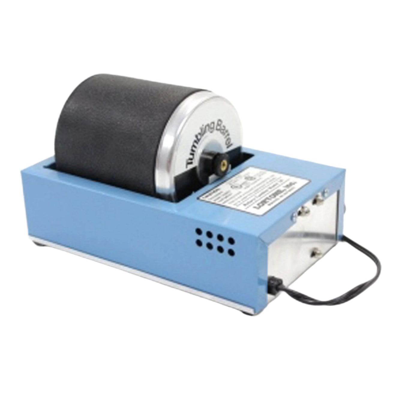close up of lortone 3A rock tumbler showing metal casing and rubber barrel that rotates inside the blue metal housing