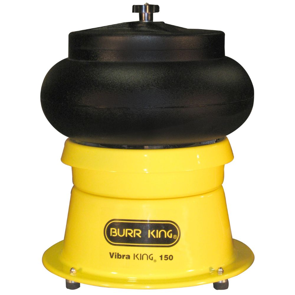 burr king polisher with yellow base and black bowl on top with metal screw on top with white background