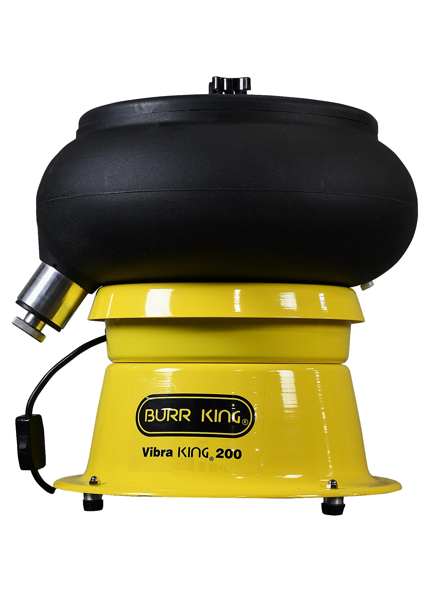 vibra king in yellow color base with black bowl and side discharge chute on white background