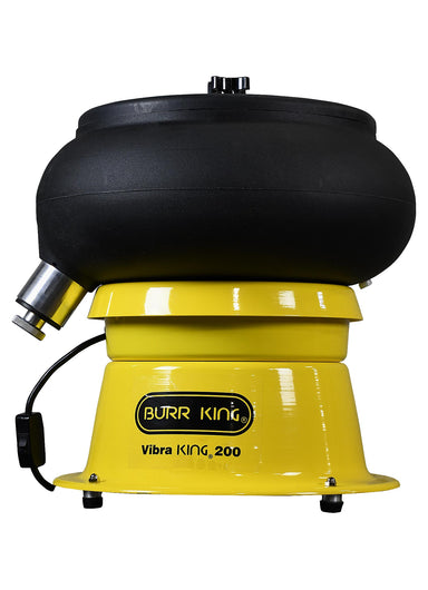 vibra king in yellow color base with black bowl and side discharge chute on white background