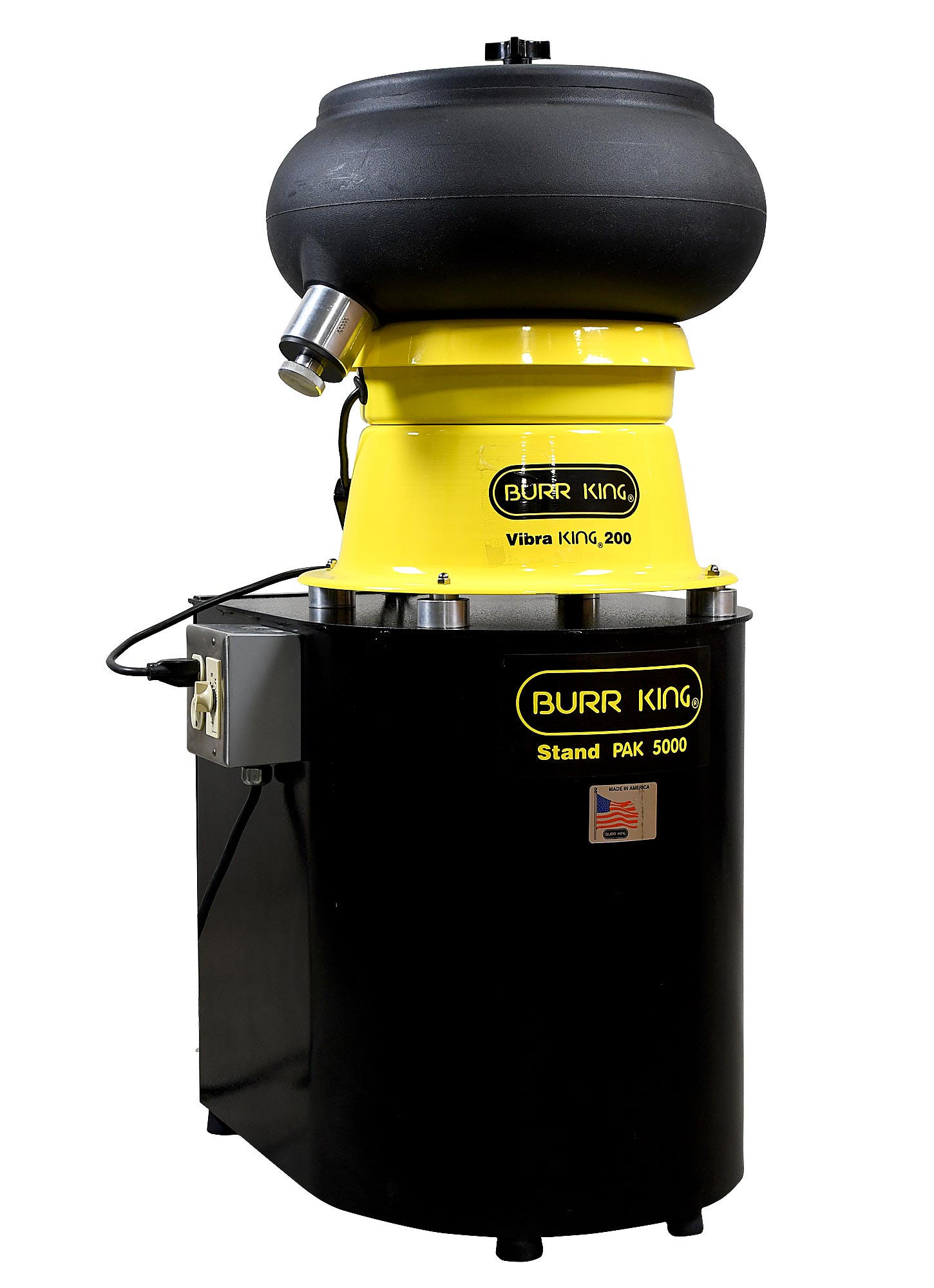 burr king vibra 200 on top of optional stand pak 500 plugged into an outlet with white background