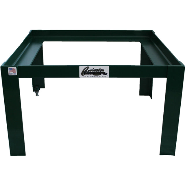 close up of green metal stand for covington flat lap machines