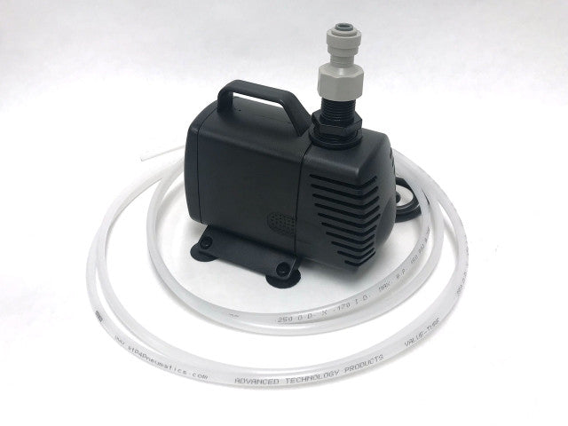 close up of water pump for flat lap beveler grinder in black color with clear hose lapidary equipment
