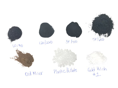 collection of 7 piles of materials like grit, rock polish, plastic pellets and old miser binding agent for rock tumbling