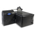 front left corner view of hi tech lapidary saw showing flat table top, motor housing and saw blade and saw blade guard.