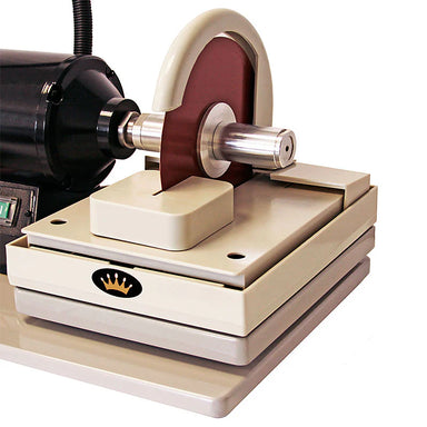 trim saw attachement on the right arbor shaft of the cabking 6" rock and gemstone grinder and polishing machine for lapidary
